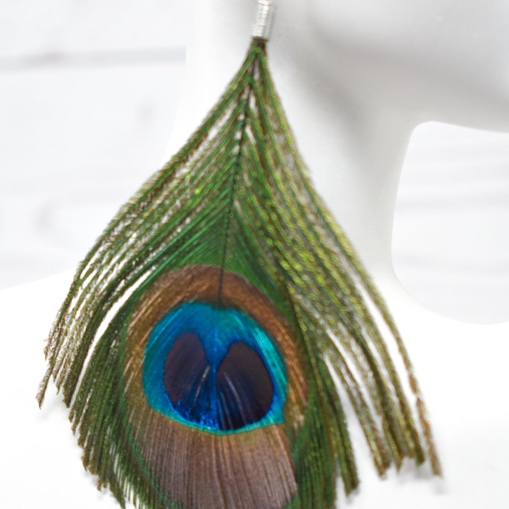 3.5" Drop Peacock Feather Dangle Earrings - Picture 12 of 12